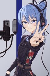 Rule 34 | 1girl, absurdres, asymmetrical gloves, black dress, black gloves, black nails, blue eyes, blue hair, blush, breasts, dress, floral print, flower, gloves, hair between eyes, headphones, highres, hololive, hoshimachi suisei, hoshimachi suisei (shout in crisis), light blue hair, long hair, microphone, ponytail, red flower, red rose, rose, small breasts, smile, v, virtual youtuber, yozora (1wkdgusdn)