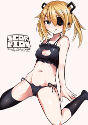 Rule 34 | 1girl, arm support, black bra, black panties, black socks, blonde hair, blue eyes, blush, bra, breasts, cat lingerie, character name, cleavage, cleavage cutout, closed mouth, clothing cutout, collarbone, copyright name, dated, eyebrows, eyelashes, eyepatch, female focus, foot out of frame, girls&#039; frontline, grey background, leaning back, looking at viewer, medium hair, meme attire, navel, niceratus kiotensis, panties, petite, simple background, sitting, skorpion (girls&#039; frontline), small breasts, smile, socks, solo, tongue, tongue out, twintails, underwear, wariza