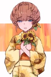 Rule 34 | 1girl, absurdres, alternate hairstyle, blue eyes, braid, brown hair, crown braid, fang, fate/grand order, fate (series), floral print, flower, hair flower, hair ornament, highres, holding, holding flower, japanese clothes, kimono, long sleeves, looking at viewer, open mouth, shimogamo (shimomo 12), solo, sunflower, sunflower print, upper body, van gogh (fate), yellow flower, yellow kimono
