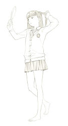 Rule 34 | 1girl, barefoot, cardigan, hand mirror, mirror, monochrome, original, sketch, skirt, solo, traditional media, yoshitomi akihito