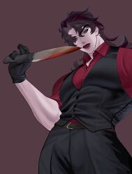Rule 34 | 1boy, alternate hair color, belt, black gloves, black hair, black pants, black vest, blood, bloody weapon, closed mouth, dio brando, gloves, highres, holding, holding knife, holding weapon, jojo no kimyou na bouken, knife, long hair, looking down, male focus, mechimun jojo, muscular, muscular male, pants, red lips, red shirt, shirt, simple background, smirk, solo, vest, weapon
