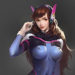 Rule 34 | 1girl, adjusting hair, arm at side, bodysuit, breasts, brown eyes, brown hair, chelsea sun, commentary, covered navel, d.va (overwatch), facepaint, facial mark, gloves, grey background, hands up, headphones, high collar, highres, impossible bodysuit, impossible clothes, lips, long hair, looking away, looking to the side, medium breasts, nose, overwatch, overwatch 1, pilot suit, pink lips, realistic, ribbed bodysuit, shoulder pads, simple background, skin tight, solo, swept bangs, upper body, very long hair, whisker markings, white gloves