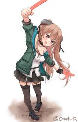 Rule 34 | 1girl, alternate costume, black footwear, black skirt, black thighhighs, blouse, breasts, brown eyes, choker, garter straps, green jacket, hair ornament, highres, jacket, johnston (kancolle), k jie, kantai collection, light brown hair, light stick, long hair, looking at viewer, medium breasts, open mouth, outstretched arms, pleated skirt, shirt, simple background, skirt, solo, standing, thighhighs, twitter username, two side up, white background, white shirt