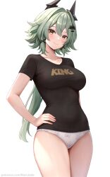 1girl alternate_costume black_horns black_shirt breasts brown_eyes caesar_king_(zenless_zone_zero) closed_mouth collarbone cowboy_shot green_hair hair_intakes hand_on_own_hip highres horns large_breasts looking_at_viewer narijade panties shirt simple_background smile text_print underwear white_background white_panties zenless_zone_zero