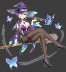Rule 34 | absurdres, ass, black footwear, black pantyhose, blue eyes, book, breasts, bug, butterfly, detached sleeves, hair between eyes, hairband, hat, high heels, highres, insect, large breasts, long sleeves, looking at viewer, original, pantyhose, shenyuekong, short hair, solo, white hair, wide sleeves, witch, witch hat