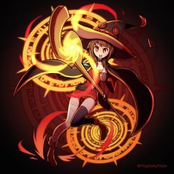 Rule 34 | 1girl, bandages, black cape, brown hair, cape, casting spell, corrupted metadata, fire, hat, highres, kono subarashii sekai ni shukufuku wo!, magic circle, megumin, open mouth, phiphi-au-thon, red eyes, red skirt, short hair with long locks, skirt, smile, staff, thighhighs, witch hat