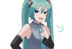 Rule 34 | 1girl, bentou (bentou 1), blue eyes, collared shirt, detached sleeves, hand up, hatsune miku, highres, long hair, long sleeves, looking at viewer, necktie, open mouth, puff of air, shirt, sleeveless, sleeveless shirt, smile, solo, twintails, upper body, v, very long hair, vocaloid