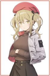 Rule 34 | 1girl, absurdres, beret, blonde hair, blush, bow, breasts, brown sweater, commentary, english commentary, gilijim, girls&#039; frontline, hair between eyes, hair bow, hat, highres, jacket, large breasts, medium breasts, medium hair, open clothes, open jacket, red hat, ribbed sweater, sidelocks, skirt, solo, sten mkii (girls&#039; frontline), sweater, turtleneck, turtleneck sweater, twintails, white background, white jacket, yellow eyes