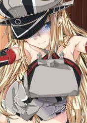 Rule 34 | 1girl, armpits, bare shoulders, bismarck (kancolle), blonde hair, blue eyes, breasts, closed mouth, hat, highres, kantai collection, large breasts, leaning forward, legs, long hair, looking at viewer, military, military uniform, nanokah2, smile, solo, standing, thighs, uniform