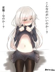 Rule 34 | 1girl, black pantyhose, black skirt, blush, brown eyes, closed mouth, commentary request, cowboy shot, highres, kantai collection, kikuzuki (kancolle), lifting own clothes, long hair, long sleeves, looking at viewer, navel, nose blush, not on shana, pantyhose, pleated skirt, sidelocks, silver hair, skirt, solo, translated, twitter username, white background