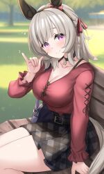Rule 34 | 1girl, aged up, animal ears, bag, bench, blurry, blurry background, blush, breasts, casual, collar, collarbone, commentary request, curren chan (umamusume), grey hair, handbag, highres, horse ears, horse tail, kibihimi, large breasts, looking at viewer, pinky out, purple eyes, sitting, smile, solo, tail, umamusume