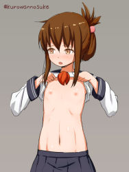Rule 34 | 10s, 1girl, blush, brown eyes, brown hair, clothes lift, female focus, flat chest, folded ponytail, grey background, hair ornament, inazuma (kancolle), kantai collection, kurowan, navel, nipples, no bra, open clothes, open mouth, school uniform, serafuku, shirt lift, simple background, skirt, solo, twitter username