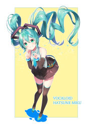 Rule 34 | 1girl, aqua hair, character name, chitetan, copyright name, detached sleeves, floating hair, full body, green eyes, grin, hatsune miku, long hair, necktie, skirt, smile, solo, thighhighs, twintails, very long hair, vocaloid, yellow background