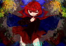 Rule 34 | 1girl, blouse, bow, cape, eyelashes, hair bow, hand on own chest, looking at viewer, moryu, multicolored background, open mouth, parted lips, red eyes, red hair, sekibanki, shirt, short hair, skirt, smile, solo, squinting, touhou, willow, wind, wind lift