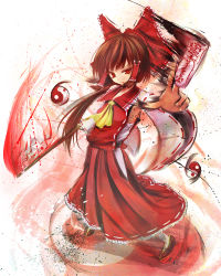 Rule 34 | 1girl, bad id, bad pixiv id, bow, brown hair, capcom, detached sleeves, female focus, gohei, hair bow, hair ribbon, hakurei reimu, ink, japanese clothes, long hair, miko, ofuda, parody, red eyes, ribbon, scarlet (studioscr), solo, street fighter, street fighter iv (series), style parody, touhou, undefined fantastic object