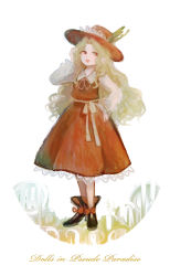 Rule 34 | 1girl, black footwear, black skirt, blonde hair, bow, brown eyes, brown headwear, brown sash, brown vest, collared shirt, dolls in pseudo paradise, fedora, footwear bow, frilled hat, frills, full body, hand in own hair, hand on own hip, hat, hat feather, highres, jacket girl (dipp), katari, long hair, long sleeves, looking away, open mouth, parted bangs, red ribbon, ribbon, shirt, skirt, standing, touhou, very long hair, vest, wavy hair, white shirt