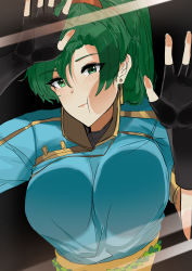 Rule 34 | 1girl, absurdres, against glass, black background, breast press, breasts, breasts on glass, earrings, fire emblem, fire emblem: the blazing blade, fire emblem heroes, green eyes, green hair, highres, jewelry, long hair, looking at viewer, lyn (fire emblem), nintendo, ormille, ponytail, simple background, solo, stud earrings