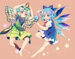 Rule 34 | 2girls, :d, antennae, aqua hair, arms up, barefoot, blue bow, blue dress, blue eyes, blue hair, bow, bowtie, brown background, butterfly wings, cirno, dress, eternity larva, full body, green dress, hair bow, highres, ice, ice wings, insect wings, kaoling, leaf, leaf on head, looking at viewer, multiple girls, open mouth, own hands together, pinafore dress, puffy short sleeves, puffy sleeves, red bow, red bowtie, red eyes, shirt, short sleeves, simple background, sleeveless, sleeveless dress, smile, star (symbol), touhou, v-shaped eyebrows, white shirt, wings, yellow wings