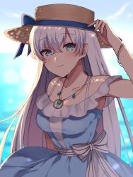 Rule 34 | 1girl, anastasia (fate), anastasia (swimsuit archer) (fate), anastasia (swimsuit archer) (first ascension) (fate), backlighting, bare shoulders, beach, blue dress, blue eyes, blue sky, blush, bracelet, breasts, collarbone, dress, fate/grand order, fate (series), hair over one eye, hairband, hat, jewelry, large breasts, long hair, looking at viewer, necklace, pendant, sakura (tariliko), silver hair, sky, smile, solo, straw hat, sweatdrop, very long hair