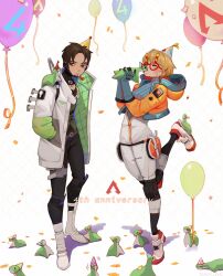 Rule 34 | 1boy, 1girl, anniversary, apex legends, balloon, belt, black pants, black shirt, blonde hair, blue sweater, blush, bodysuit, boots, brown belt, crypto (apex legends), facial scar, full body, glasses, green vest, hat, highres, hood, hood down, hooded coat, jacket, knee pads, namjak, nessie (respawn), object kiss, orange jacket, pants, party hat, party horn, ribbed sweater, scar, scar on cheek, scar on face, shirt, shoes, short hair, sneakers, standing, standing on one leg, sweater, vest, wattson (apex legends), white bodysuit, white footwear, white jacket