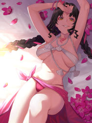 Rule 34 | 1girl, armpits, arms up, bare shoulders, bikini, black hair, blush, bracelet, braid, breasts, chest tattoo, cleavage, facial mark, fate/grand order, fate (series), flower, forehead mark, hair flower, hair ornament, highres, jewelry, large breasts, long hair, looking at viewer, lying, mikan (chipstar182), multicolored hair, nail polish, navel, necklace, on back, parted bangs, pearl bracelet, pearl necklace, petals, pink hair, sarong, sessyoin kiara, sessyoin kiara (swimsuit mooncancer), sessyoin kiara (swimsuit mooncancer) (first ascension), shell, shell necklace, smile, streaked hair, swimsuit, tattoo, thighs, twin braids, very long hair, white bikini, yellow eyes