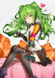 Rule 34 | 1girl, ammunition pouch, ankle boots, black footwear, black gloves, black necktie, blush, boots, breasts, choker, cleavage, collarbone, elbow gloves, floating hair, girls&#039; frontline, gloves, green hair, grey background, hair between eyes, hand up, heart, highres, knee pads, long hair, looking at viewer, m950a (girls&#039; frontline), medium breasts, messy hair, multicolored clothes, necktie, parted lips, pillow, pointing, pointing at viewer, pouch, renze l, shirt, short sleeves, sidelocks, sitting, skirt, smile, solo, teeth, thighhighs, thighs, twintails, two side up, white shirt, yellow eyes