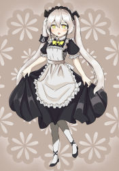Rule 34 | 1girl, absurdres, apron, blush, cla (finesoda), commentary request, curtsey, destroyer (girls&#039; frontline), girls&#039; frontline, highres, long hair, maid, maid apron, pale skin, pantyhose, sangvis ferri, shoes, solo, twintails, white hair, yellow eyes