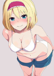 Rule 34 | 1girl, alice margatroid, amisu, armpits, ass, bare arms, bare shoulders, bent over, blonde hair, blue eyes, blue shorts, blush, bra, breasts, butt crack, cleavage, closed mouth, clothes pull, collarbone, cowboy shot, foreshortening, grey background, groin, hairband, hanging breasts, jpeg artifacts, lolita hairband, looking at viewer, medium breasts, navel, nose blush, panties, short hair, shorts, shorts pull, sideboob, simple background, smile, solo, stomach, touhou, underwear, undressing, white bra, white panties
