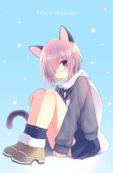 Rule 34 | 1girl, alternate costume, animal ears, black skirt, boots, cardigan, cat ears, cat girl, cat tail, closed mouth, copyright name, expressionless, fate/grand order, fate (series), full body, glasses, hair over one eye, knees up, legs together, light purple hair, looking at viewer, mash kyrielight, neckerchief, open cardigan, open clothes, pleated skirt, purple eyes, ribbed legwear, rimless eyewear, scarf, school uniform, serafuku, short hair, sitting, skirt, sleeves past wrists, snow, socks, solo, tail, white scarf, yashiro seika