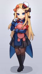 Rule 34 | 1girl, abigail williams (fate), black footwear, black skirt, blonde hair, blue eyes, blue jacket, blush, boots, bow, breasts, brown pantyhose, coattails, cosplay, fate/grand order, fate (series), forehead, full body, gloves, hat, highres, jacket, knee boots, long hair, long sleeves, looking at viewer, lord el-melloi ii case files, miya (miyaruta), multiple bows, orange bow, pantyhose, parted bangs, peaked cap, reines el-melloi archisorte, reines el-melloi archisorte (cosplay), skirt, small breasts, smile, stuffed animal, stuffed toy, teddy bear, tilted headwear, white gloves, white hat