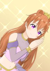 Rule 34 | 1girl, artist name, artist request, blush, bracelet, breasts, brown hair, butterfly (love live!), choker, cleavage, clothing cutout, collarbone, cropped shirt, crown, detached sleeves, double bun, dress, dress shirt, earrings, female focus, fingers together, gold bracelet, hair between eyes, hair bun, hair rings, harem outfit, highres, jewelry, konoe kanata, leaning forward, long hair, looking at viewer, love live!, love live! nijigasaki high school idol club, love live! school idol festival, navel, own hands together, parted lips, puffy short sleeves, puffy sleeves, purple eyes, purple ribbon, purple shirt, purple shorts, ribbon, shirt, short sleeves, shorts, shoulder cutout, small breasts, smile, solo, sparkle, two side up, yellow bracelet, yellow choker