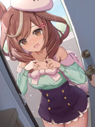 Rule 34 | 1girl, alternate costume, animal ears, bag, blue hair, blush, breasts, brown eyes, brown hair, casual, collarbone, commentary request, door, filkia, hat, highres, horse ears, horse girl, horse tail, looking at viewer, matikane tannhauser (umamusume), medium breasts, open mouth, pov, pov hands, solo, sweat, tail, umamusume