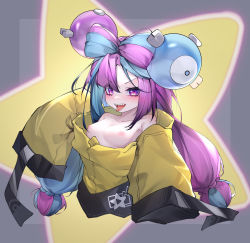 Rule 34 | 1girl, absurdres, bow-shaped hair, breasts, character hair ornament, commentary request, creatures (company), game freak, hair ornament, highres, iono (pokemon), jacket, long hair, low-tied long hair, multicolored hair, nintendo, oversized clothes, pokemon, pokemon sv, qinshi-ji, sharp teeth, sleeves past fingers, sleeves past wrists, small breasts, solo, split-color hair, star (symbol), star in eye, symbol in eye, teeth, very long sleeves, yellow jacket