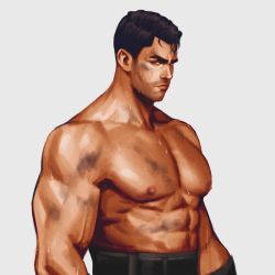 Rule 34 | 1boy, abs, arcane: league of legends, arcane jayce, areyoucracked, bara, black hair, closed mouth, dirty, dirty face, jayce (league of legends), large pectorals, league of legends, looking at viewer, male focus, muscular, muscular male, nipples, pectorals, short hair, simple background, solo, sweat, upper body