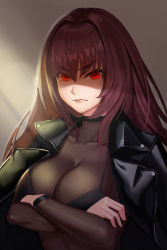 Rule 34 | 1girl, black jacket, breasts, brown hair, cleavage, closed mouth, commentary request, crossed arms, fate/grand order, fate (series), frown, gaoyang ou nisang, hair between eyes, hair intakes, jacket, jacket on shoulders, large breasts, long hair, long sleeves, looking at viewer, red eyes, scathach (fate), see-through, shaded face, solo, sunlight, upper body