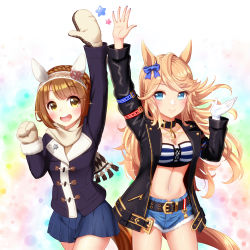 Rule 34 | 2girls, :d, animal ears, arm up, bandeau, beige scarf, belt, black belt, black choker, black jacket, blonde hair, blue bow, blue eyes, blue skirt, bow, braid, breasts, brown hair, choker, cleavage, clenched hand, commentary request, cowboy shot, crown braid, cutoffs, denim, denim shorts, gloves, gold city (umamusume), hair bow, hairband, hand up, highres, horse ears, jacket, long sleeves, looking at viewer, midriff, miniskirt, mittens, multiple girls, navel, open clothes, open jacket, open mouth, pleated skirt, scarf, short hair, shorts, single glove, skirt, smile, standing, stomach, strapless, striped bandeau, sugimotty nova, tail, thighs, tube top, umamusume, white gloves, yellow eyes, yukino bijin (umamusume)