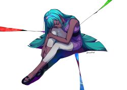 Rule 34 | 1girl, aqua hair, bare arms, bare shoulders, black footwear, black shirt, bliss (ppg), breasts, closed eyes, dark-skinned female, dark skin, from above, from side, full body, hair spread out, hairband, head on knee, head rest, highres, long hair, medium breasts, outstretched leg, pants, powerpuff girls, ru0m6, sad, shadow, shirt, shoes, simple background, sitting, sleeveless, sleeveless shirt, sleeveless turtleneck, small breasts, solo, straight hair, swept bangs, turtleneck, twitter username, very long hair, white background, white pants
