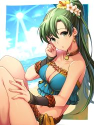 Rule 34 | 1girl, beach, bikini, blue bikini, blue sky, blush, breasts, choker, cleavage, cloud, collarbone, day, earrings, female focus, fire emblem, fire emblem heroes, flower, green eyes, green hair, hair flower, hair ornament, hand on own thigh, highres, jewelry, kori kms, large breasts, long hair, looking at viewer, lyn (fire emblem), lyn (summer) (fire emblem), matching hair/eyes, navel, nintendo, ocean, official alternate costume, outdoors, parted bangs, parted lips, ponytail, seashell, shell, sky, solo, sun, swimsuit, water