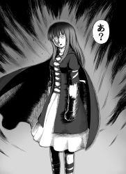 Rule 34 | 1girl, ?, aura, blonde hair, cape, cross-laced clothes, dark aura, dress, gradient hair, grey background, greyscale, hijiri byakuren, layered dress, long hair, looking at viewer, monochrome, multicolored hair, one-punch man, open mouth, parody, parted lips, poronegi, purple hair, simple background, solo, standing, torn clothes, touhou