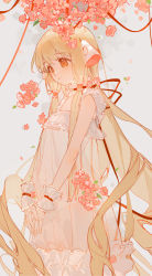Rule 34 | 1girl, bare shoulders, blonde hair, chii, chobits, choker, ciloranko, closed mouth, covered navel, dress, flower, frilled choker, frilled dress, frills, hair between eyes, highres, long hair, orange eyes, panties, petals, pink flower, red choker, robot ears, see-through, see-through dress, solo, standing, underwear, very long hair, white dress, white panties