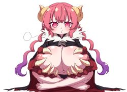 Rule 34 | 1girl, barefoot, grabbing another&#039;s breast, breast hold, breasts, breasts out, claws, cleavage, crossed legs, dragon girl, dragon horns, grabbing, grabbing own breast, hair between eyes, hand on own chest, hanya (hanya yashiki), highres, horns, huge breasts, ilulu (maidragon), kobayashi-san chi no maidragon, large hands, long hair, looking at viewer, low twintails, navel, nipples, no bra, pink eyes, pink hair, puffy nipples, shiny skin, solo, twintails