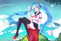 Rule 34 | 1girl, aqua eyes, blue hair, crop top, envelope, flower, full body, hair flower, hair ornament, hatsune miku, long hair, looking at viewer, microskirt, midriff, navel, postbox, red footwear, revision, school uniform, shoes, sitting, skirt, solo, thighhighs, twintails, very long hair, vocaloid, z shichao