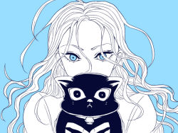 Rule 34 | 1girl, blue background, blue eyes, blue theme, camilla hui guo rou, cat, eyelashes, hunter x hunter, long hair, monochrome, moriya (re mo ria), simple background