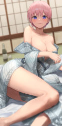 Rule 34 | 1girl, absurdres, bare shoulders, blue eyes, blurry, blush, bottle, breasts, cleavage, closed mouth, collarbone, covering privates, covering breasts, go-toubun no hanayome, highres, indoors, japanese clothes, kimono, large breasts, legs, looking at viewer, nakano ichika, pigone, pink hair, short hair, smile, solo, undressing