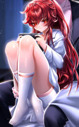 Rule 34 | 1boy, 1girl, absurdres, been, black pants, blurry, blurry background, blush, closed mouth, collarbone, controller, couple, dress shirt, elesis (elsword), elsword, game controller, hair between eyes, head out of frame, hetero, highres, holding, indoors, long hair, long sleeves, open clothes, open shirt, pants, red eyes, red hair, shiny clothes, shiny legwear, shirt, short shorts, shorts, sweatdrop, very long hair, white legwear, white shirt, white shorts