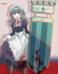 Rule 34 | 1girl, :d, alternate costume, apron, aqua hair, back bow, blood, blood on clothes, blunt bangs, blush, bow, brown pantyhose, center frills, collared shirt, dress, feet out of frame, frilled apron, frilled shirt, frills, futaba sana, gradient background, green eyes, grey dress, grey scrunchie, hair ornament, hair scrunchie, holding, holding shield, juliet sleeves, long dress, long sleeves, looking at viewer, magia record: mahou shoujo madoka magica gaiden, mahou shoujo madoka magica, maid, maid headdress, medium hair, neck ribbon, open mouth, pantyhose, pavise, pink ribbon, puffy sleeves, ribbon, scrunchie, shield, shirt, shirt under dress, sidelocks, skirt hold, sleeve cuffs, smile, solo, totte, twintails, waist apron, wavy hair, white apron, white bow, white shirt