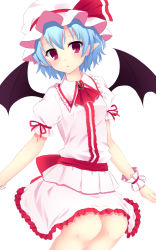 Rule 34 | 1girl, ascot, bat wings, blouse, blue hair, bow, brooch, collared shirt, dress, frilled dress, frilled hat, frilled shirt, frilled skirt, frilled sleeves, frills, hat, hat ribbon, highres, jewelry, junior27016, large bow, looking at viewer, mob cap, pointy ears, puffy sleeves, red bow, red eyes, red ribbon, remilia scarlet, ribbon, shirt, short hair, simple background, sitting, skirt, skirt set, solo, touhou, white background, white dress, white shirt, white skirt, wings, wrist cuffs