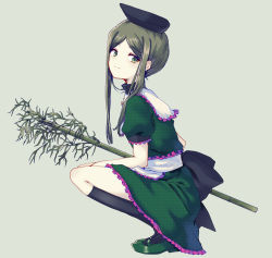 Rule 34 | 1girl, apron, bamboo, black hat, black socks, commentary request, dress, frilled apron, frilled shirt collar, frills, full body, green dress, green eyes, green footwear, green hair, grey background, hat, head tilt, holding, kneehighs, light smile, looking at viewer, mary janes, petticoat, puffy short sleeves, puffy sleeves, shoes, short hair with long locks, short sleeves, sidelocks, simple background, socks, solo, squatting, teireida mai, touhou, uranaishi (miraura), waist apron, white apron