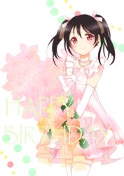 Rule 34 | 10s, 1girl, absurdres, ajiwo, bad id, bad pixiv id, black hair, bouquet, bridal gauntlets, dress, earrings, elbow gloves, flower, gloves, hair ribbon, highres, holding, holding bouquet, jewelry, long hair, looking at viewer, love live!, love live! school idol festival, love live! school idol project, necklace, pink ribbon, red eyes, ribbon, smile, solo, thighhighs, twintails, wedding dress, white gloves, white thighhighs, yazawa nico