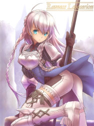 Rule 34 | 1girl, armor, artdink, ass, blue eyes, boots, braid, breasts, female focus, gloves, gradient background, greaves, long hair, outdoors, polearm, ravness loxaerion, silver hair, solo, tactics ogre, thigh boots, thighhighs, tsukigami chronica, twin braids, weapon, white background